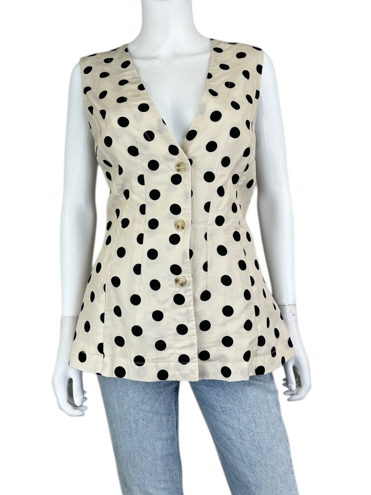 MABLE NWT Beige Linen Polka Dot Vest Blouse Size M