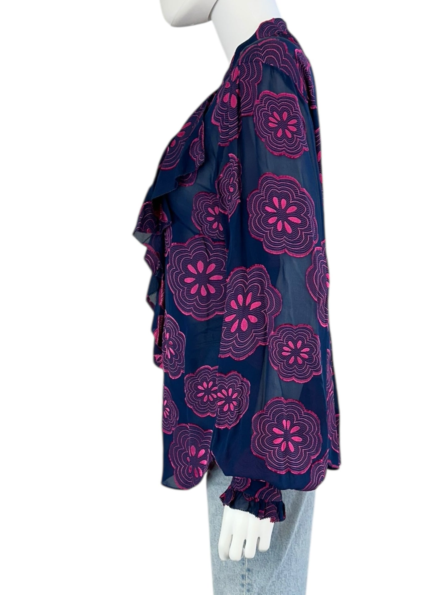 TRINA TURK Navy Floral Silk Print Blouse Size L