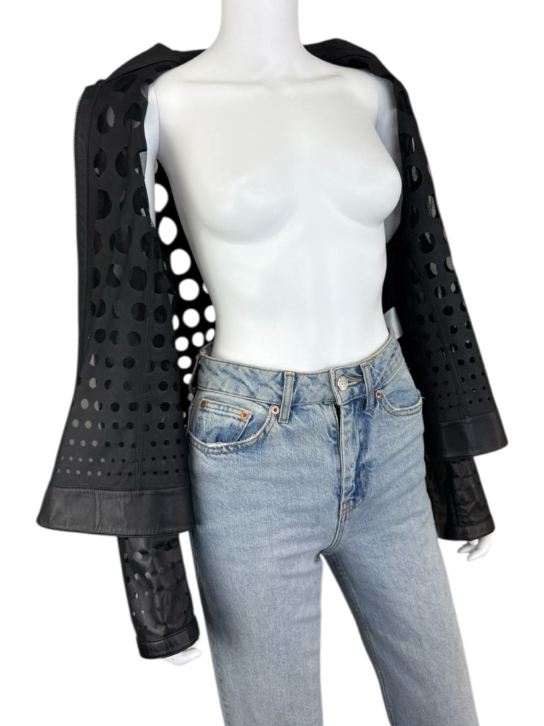 ESCADA SPORT Black Lamb Leather Polka Dot Jacket Size XL