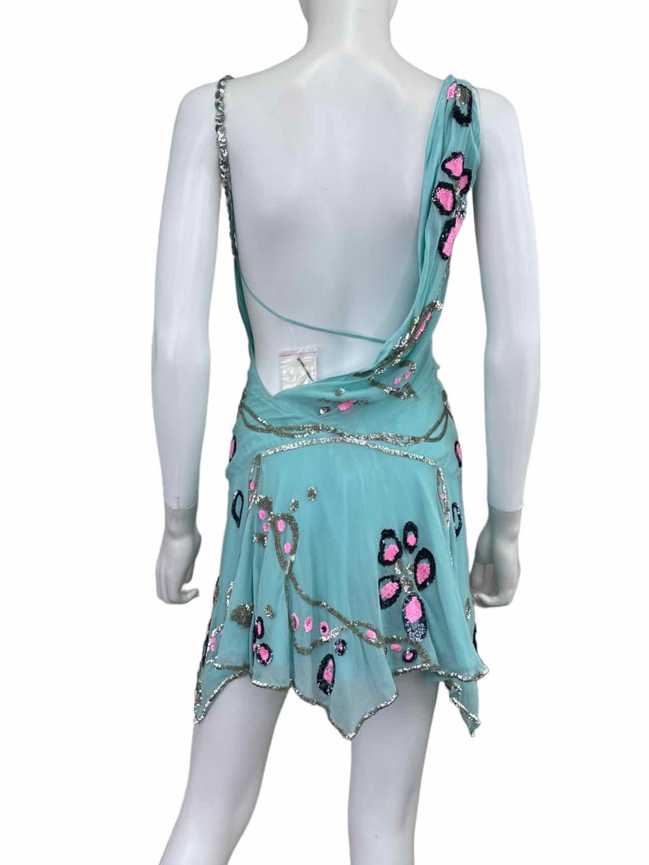 Temperly London Silk Aqua Hand Beaded Cocktail Dress Size 8
