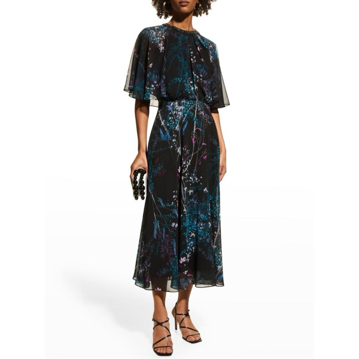 Teri Jon by Rickie Freeman NWT Black Floral Chiffon Capelet Dress Size 4