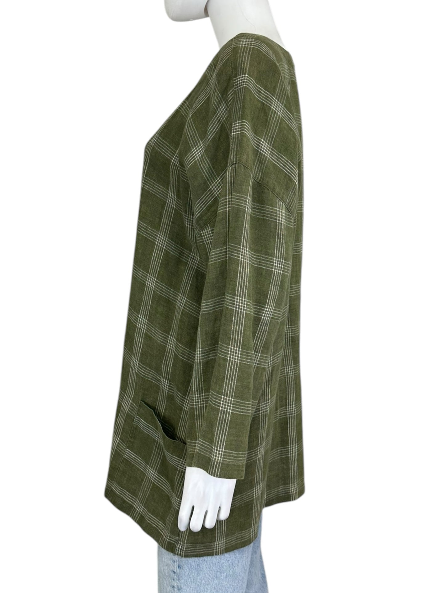 EILEEN FISHER 100% Organic Linen Green Plaid Blouse Size XL