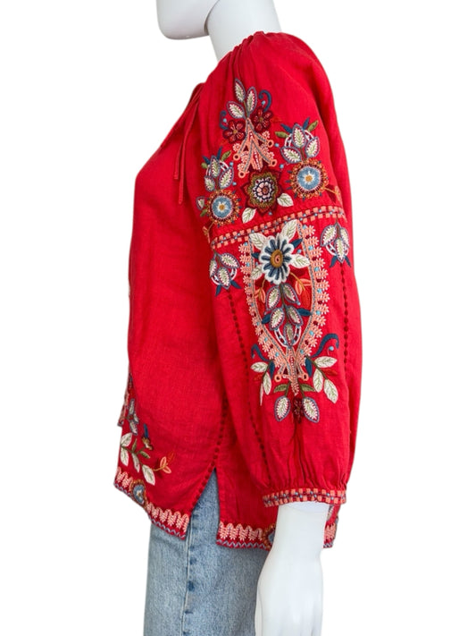 Johnny Was Red 100% Linen Embroidered Tunic Size S