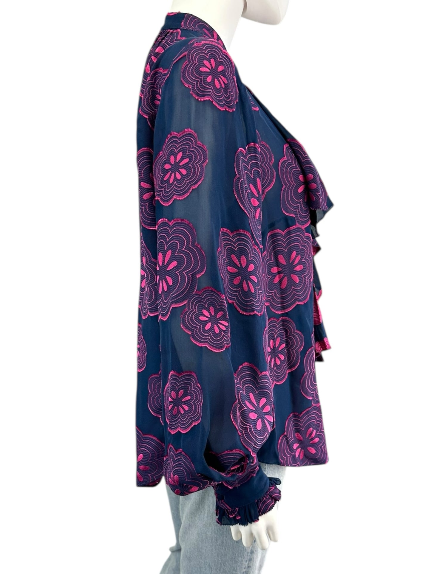 TRINA TURK Navy Floral Silk Print Blouse Size L