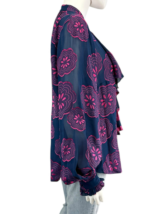 TRINA TURK Navy Floral Silk Print Blouse Size L