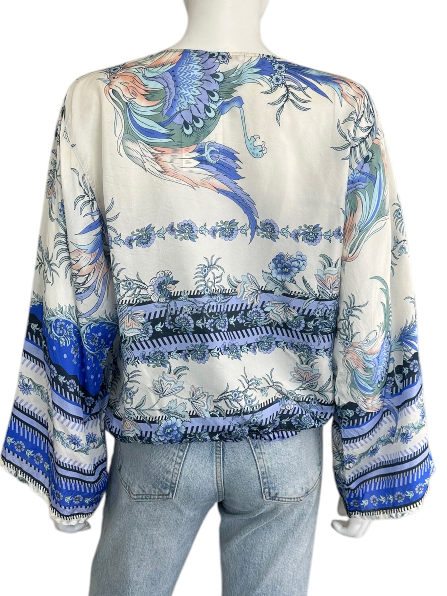 Johnny Was 100% Silk Blue Floral Print Blouse Size S
