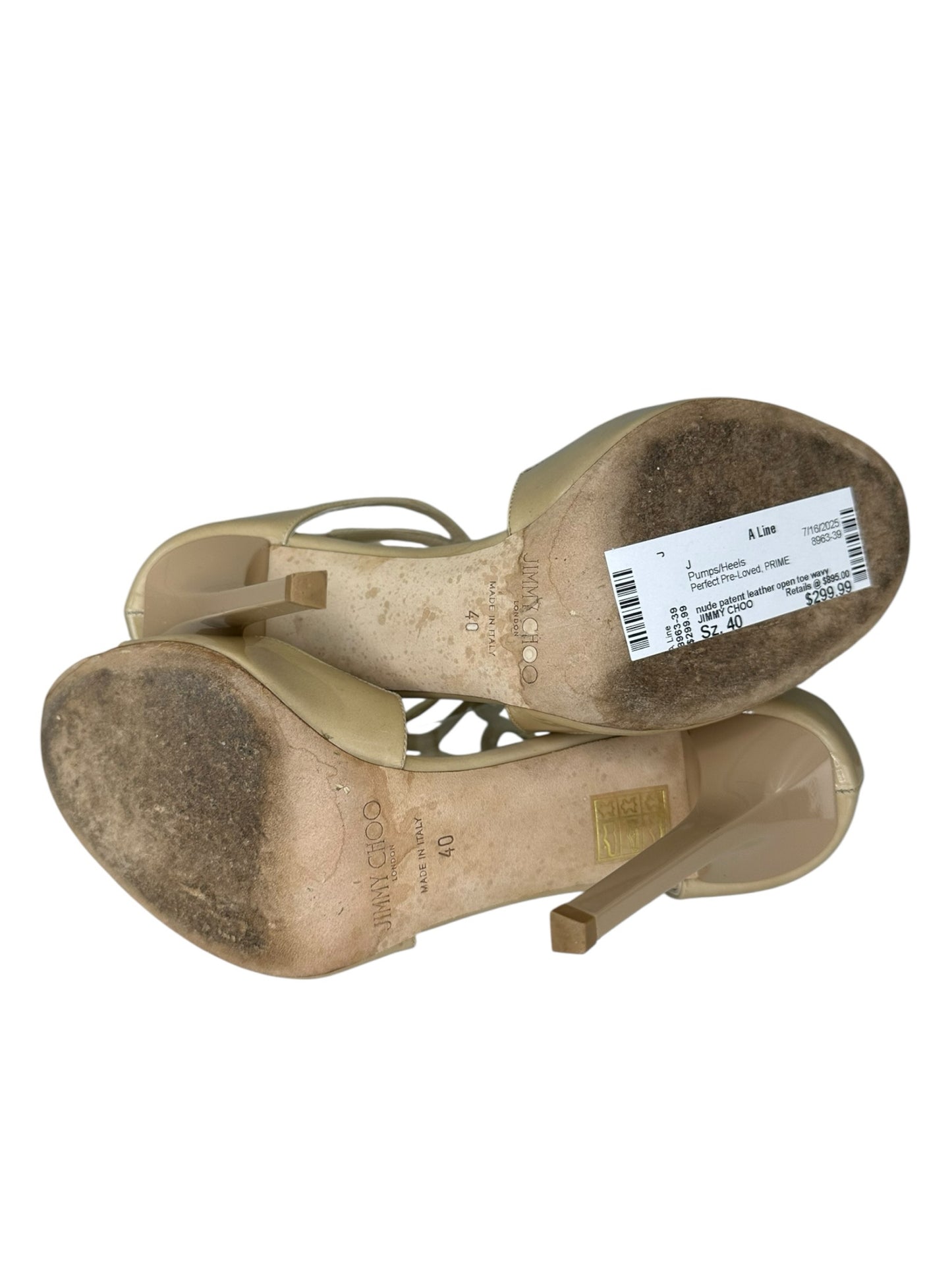JIMMY CHOO Nude Patent Leather Azia 110MM Gladiator Sandals Size 40