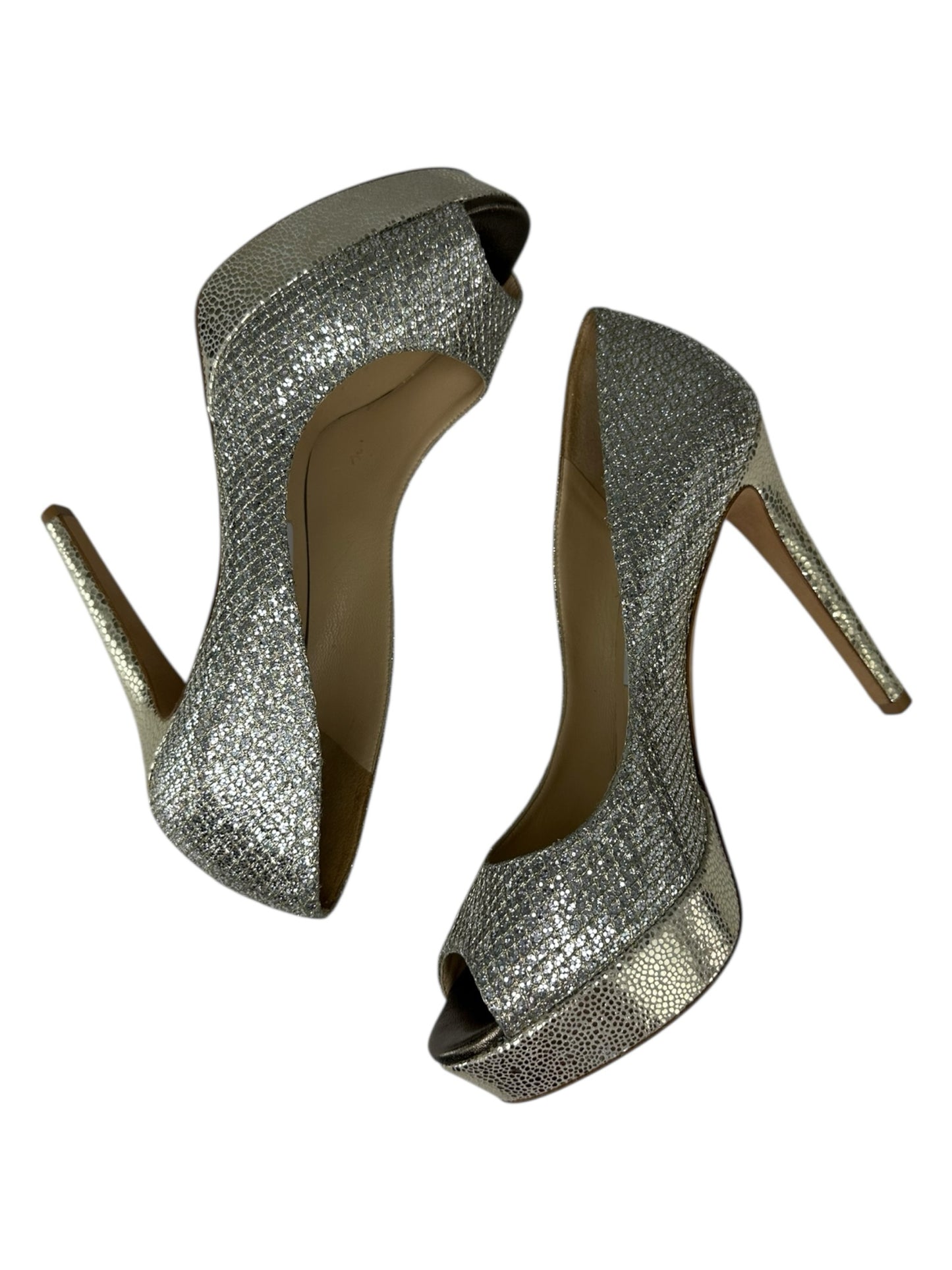JIMMY CHOO Luna Champagne Glitter Peeptoe Pumps Size 38.5