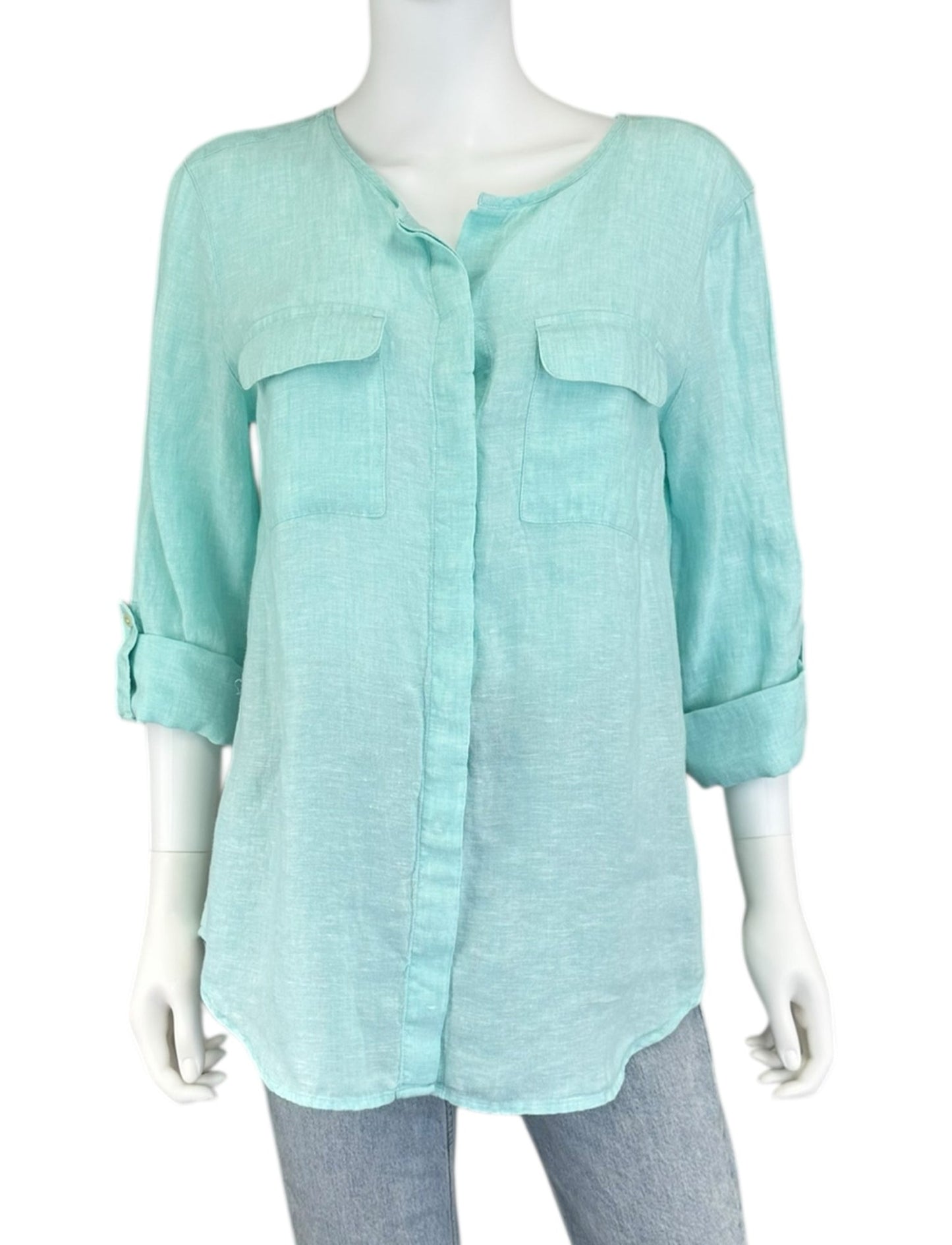 Talbots 100% Linen Aqua Button-Down Shirt Size M