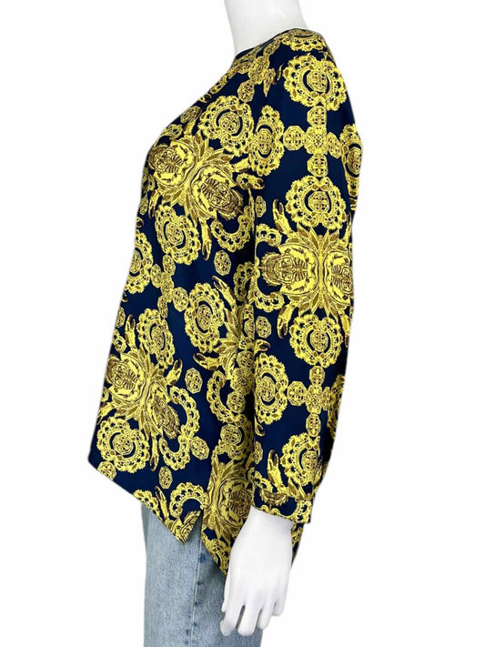 tibi Navy 100% Silk Print Blouse Size 10