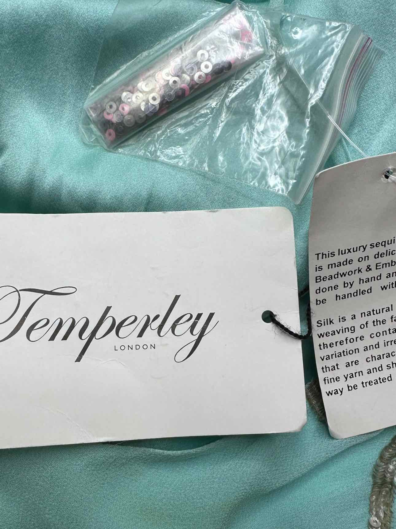 Temperly London Silk Aqua Hand Beaded Cocktail Dress Size 8