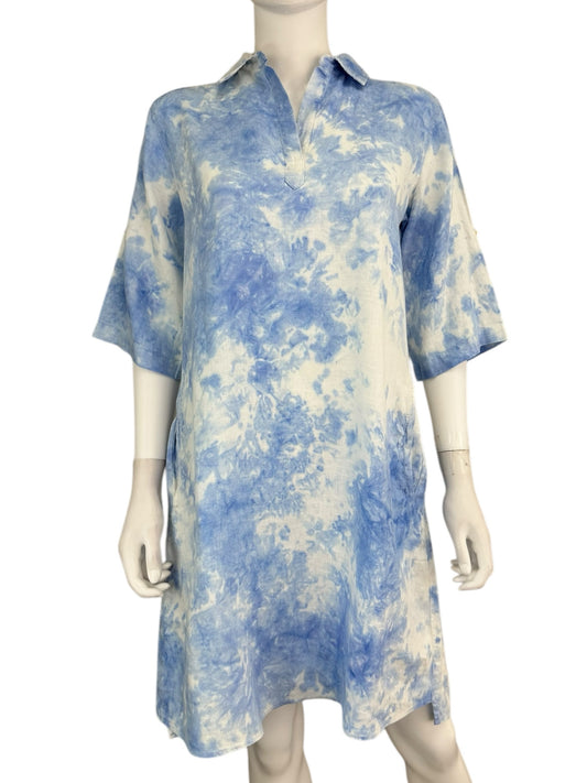 Pure Amici 100% Linen Blue Tie Dye Casual Dress Size S