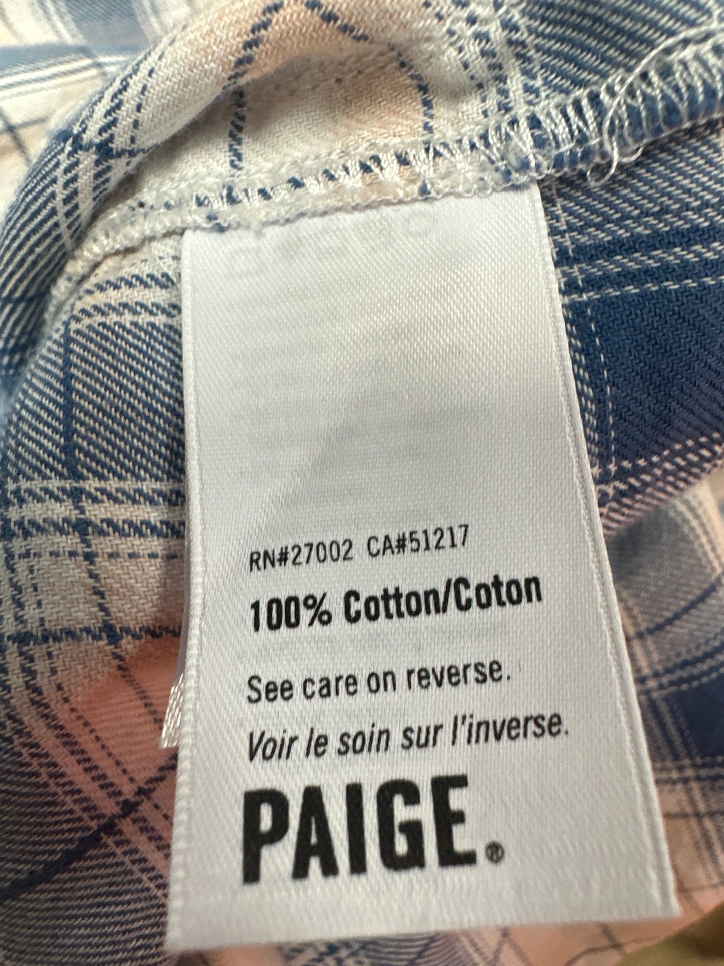 PAIGE 100% Cotton Blue Plaid Button-Down Size M