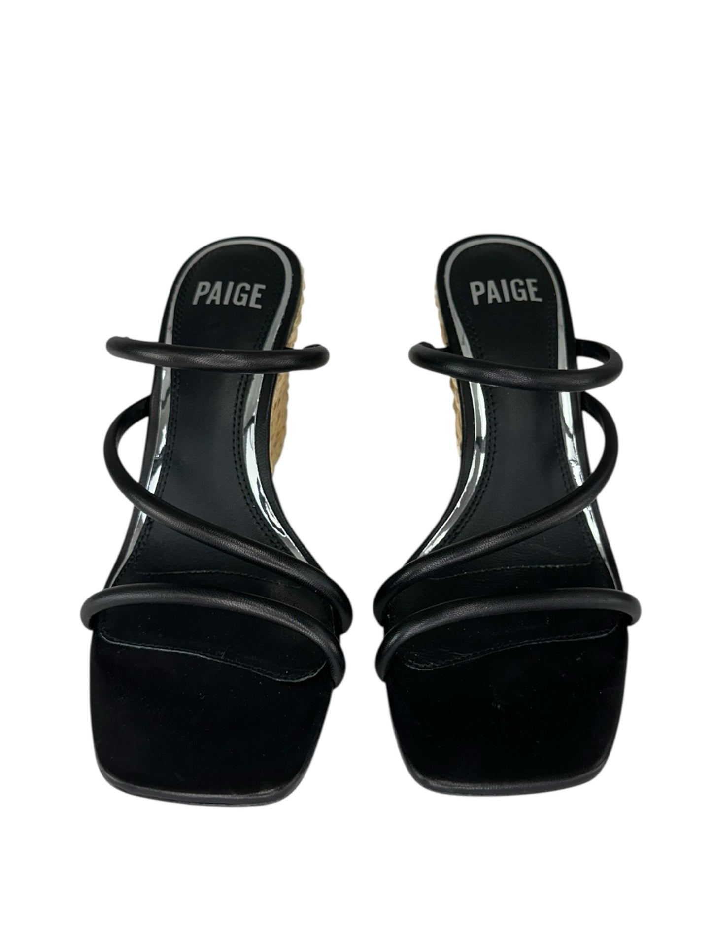 PAIGE Black Leather Stacey Three-Band Wedge Espadrilles Size 8