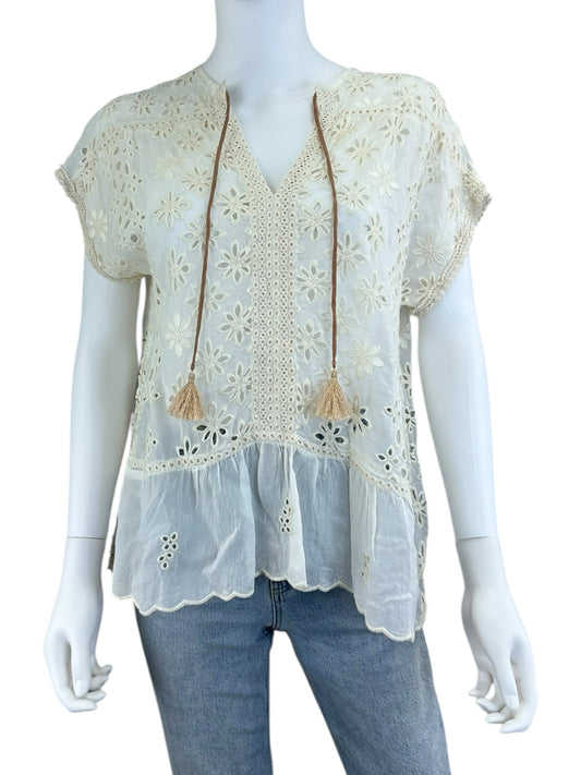 Johnny Was Ivory Floral Eyelet Top Size S