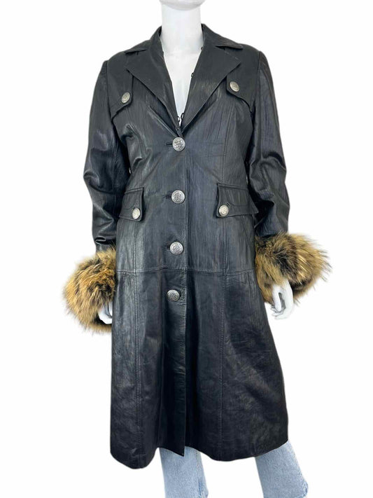 Leishida Black Leather Fox Trim Coat Size M