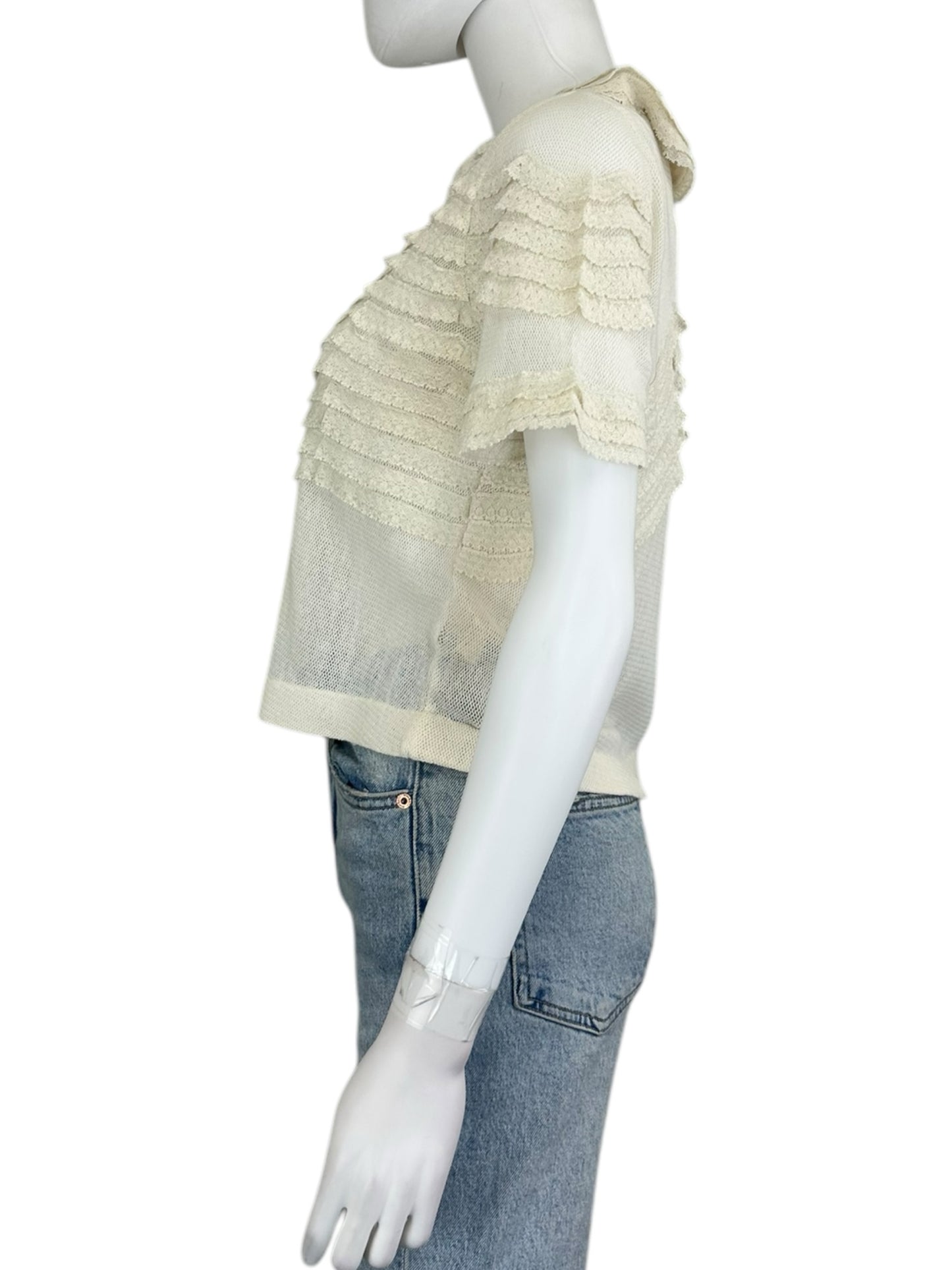 THE GREAT. Cream Cropped Lace Trimmed Blouse Size 0