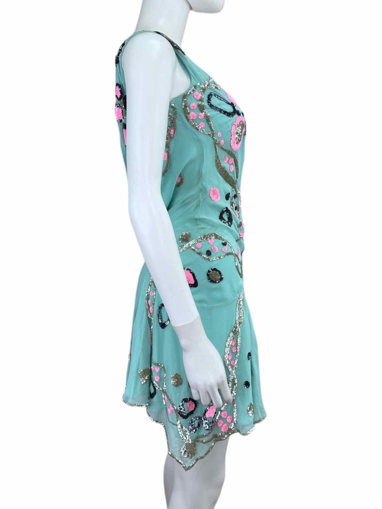 Temperly London Silk Aqua Hand Beaded Cocktail Dress Size 8