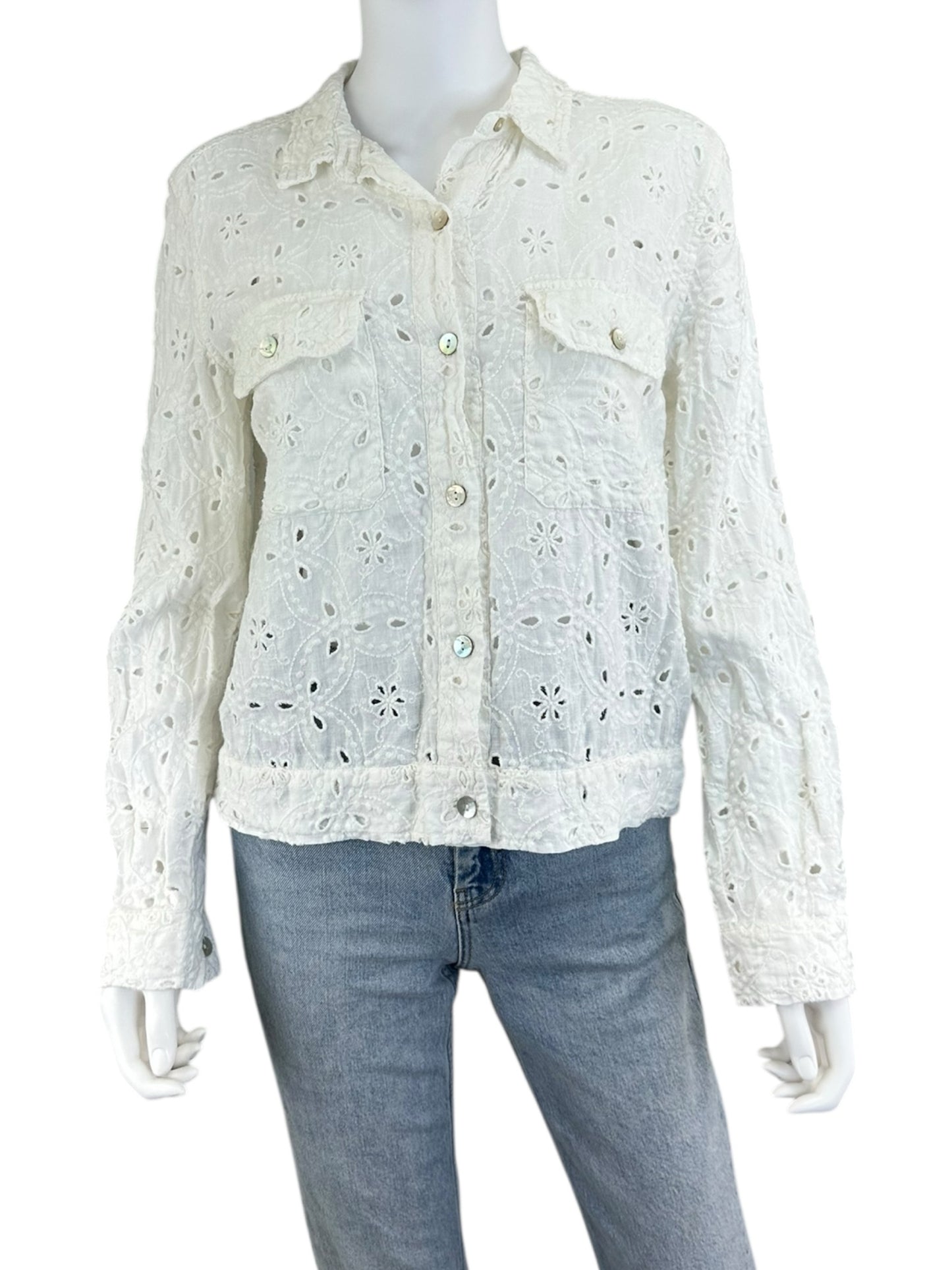 Johnny Was JADE White Linen Eyelet Top Size S