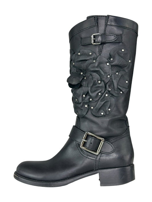 Valentino Black Studded Floral Appliqué Biker Boots Size 38