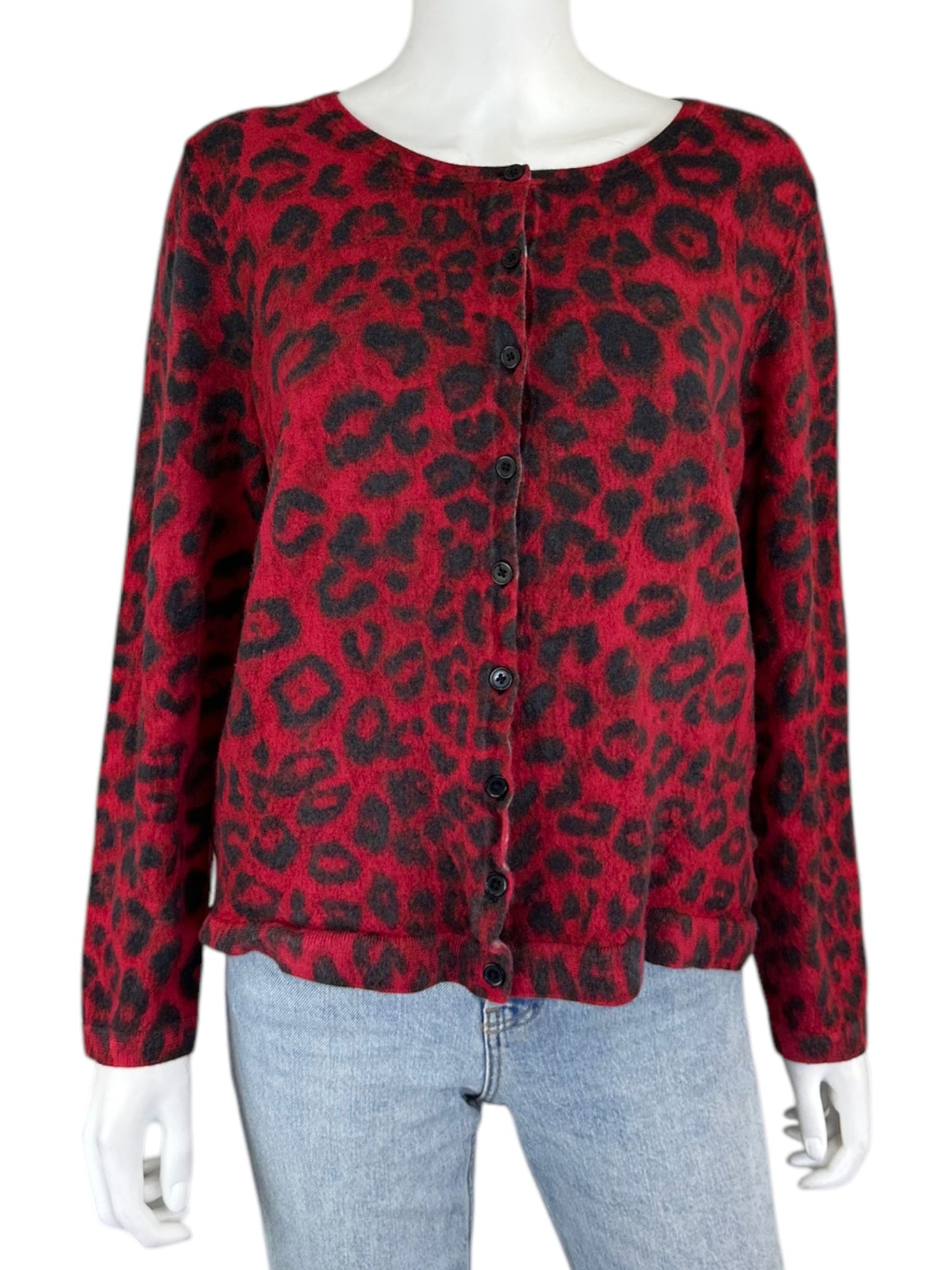 Talbots Red and Black Leopard Print Cardigan Size 2X
