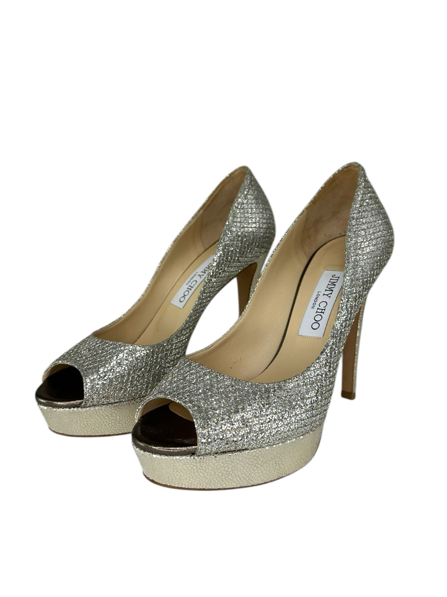 JIMMY CHOO Luna Champagne Glitter Peeptoe Pumps Size 38.5