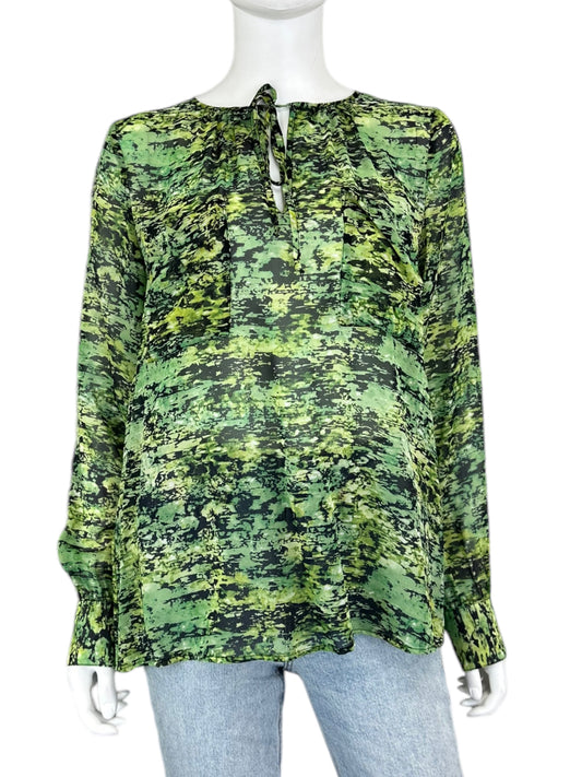 BCBGMAXAZRIA 100% Silk Green Printed Blouse Size M
