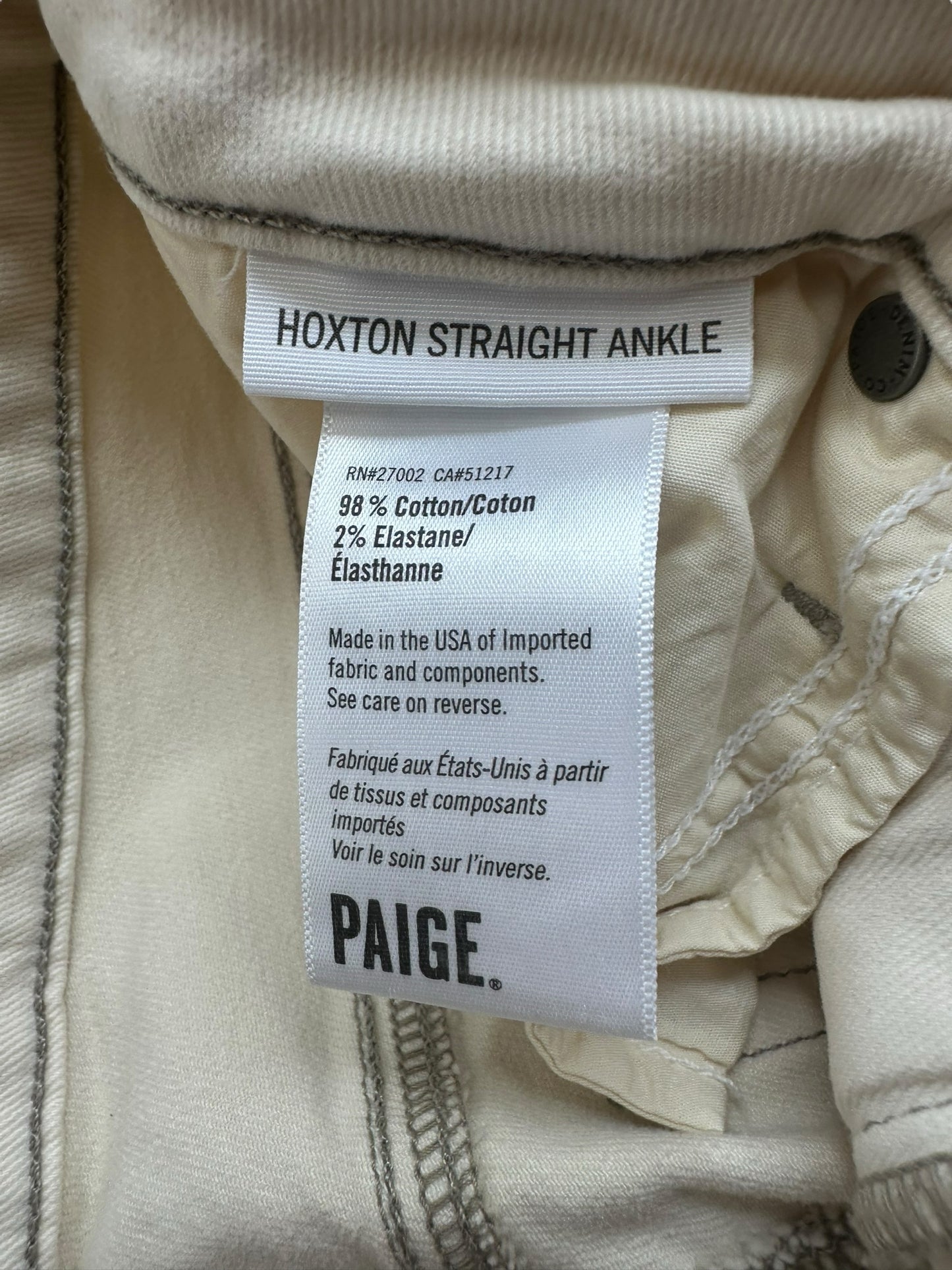 PAIGE NWT Cream Hoxton Straight Ankle Jean Size 27
