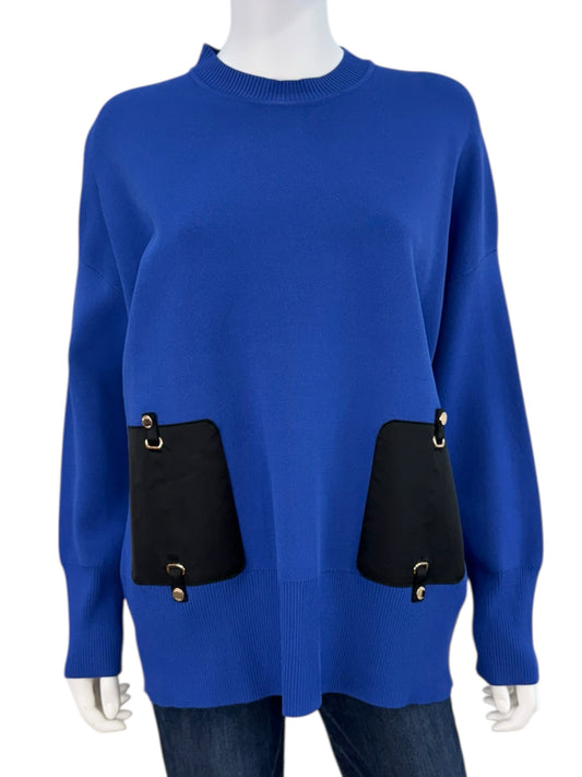 Aleeza Paris NWT Aurora Satin Pocket Royal Blue Sweater Size XL