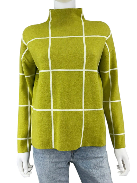 TAHARI Chartreuse Check Mock Neck Sweater Size M