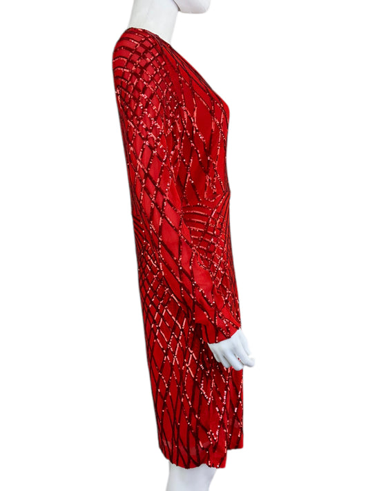 BOSTON PROPER NWT Red Sequin Sheer Midi Dress Size M