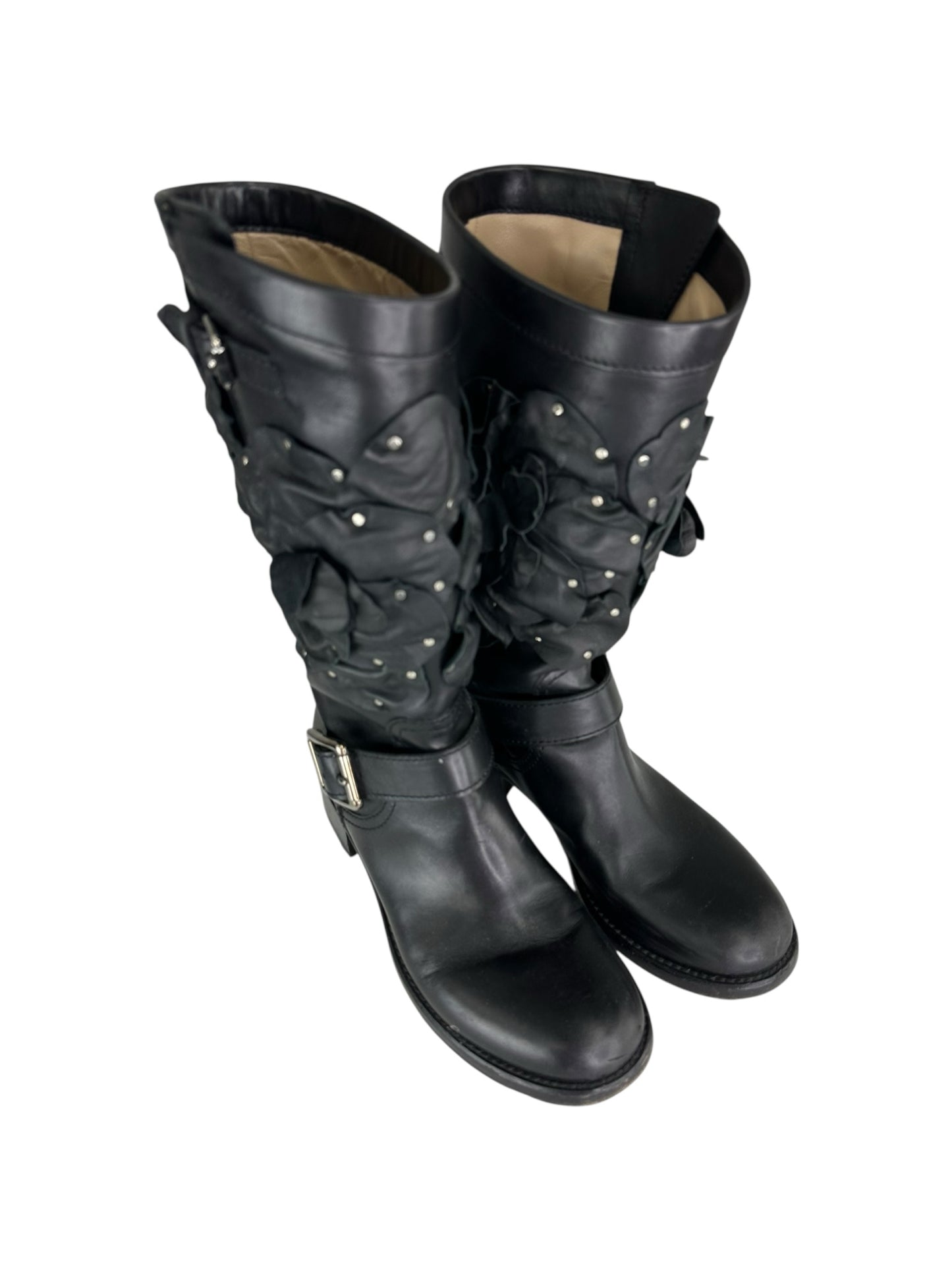 Valentino Black Studded Floral Appliqué Biker Boots Size 38