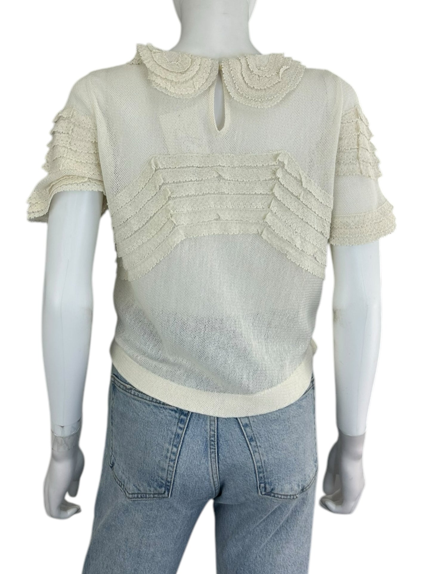 THE GREAT. Cream Cropped Lace Trimmed Blouse Size 0