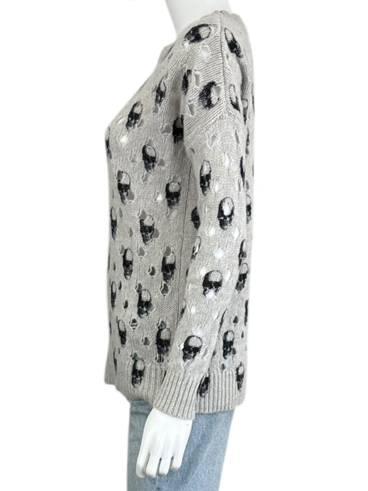 SKULL CASHMERE Gray Distressed 100% Cashmere Skull Sweater Size S