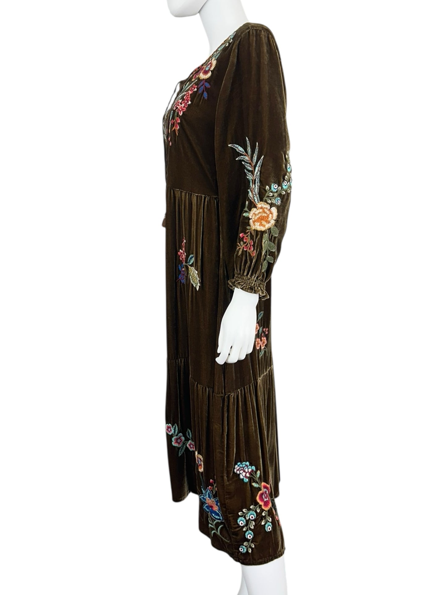 Johnny Was Green Velvet Embroidered 'Taline' Maxi Dress Size S
