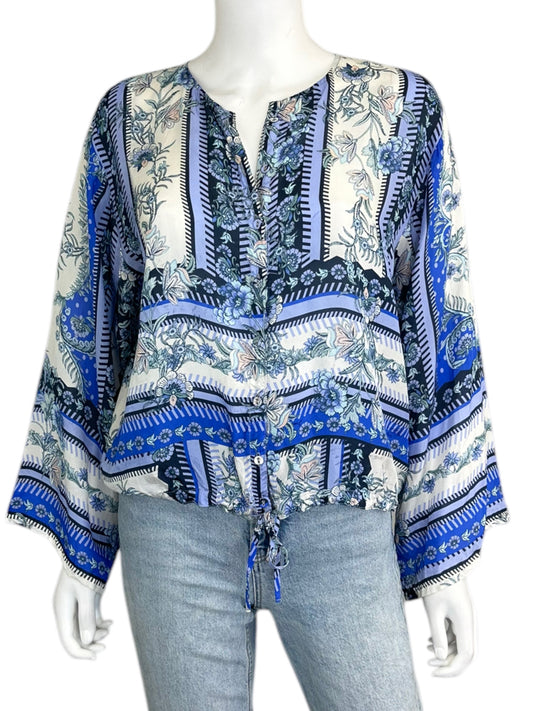 Johnny Was 100% Silk Blue Floral Print Blouse Size S