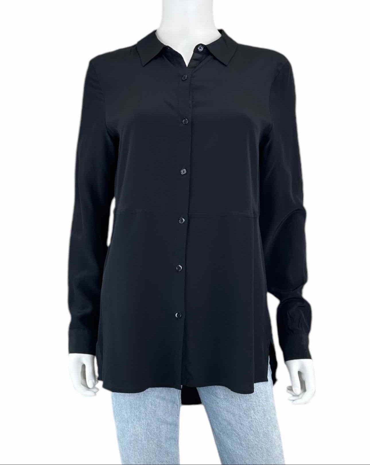 ecru 100% Silk Black Button-Down Shirt Size S