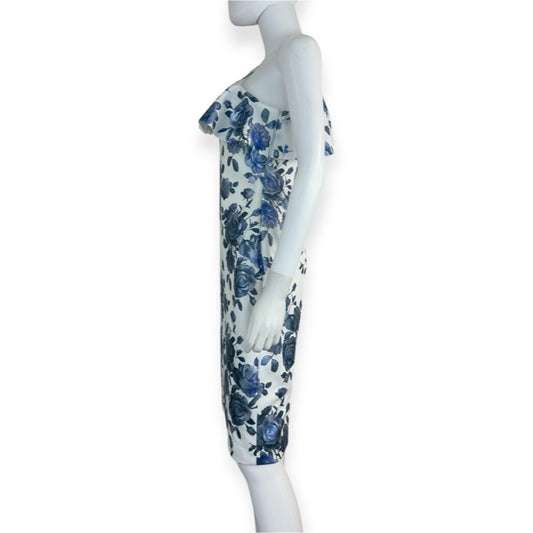 Eliza J Metallic One-Shoulder Floral Print Ruffle Pencil Dress Size 6