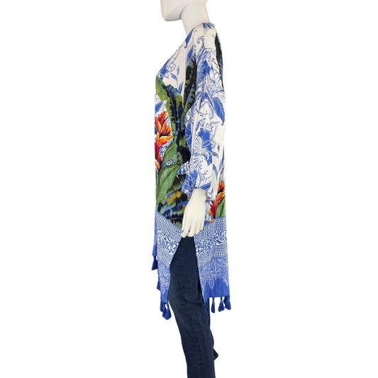 Chicos Floral Tassel Kimono Cardigan S/M Rayon Blend Lightweight Cover-Up