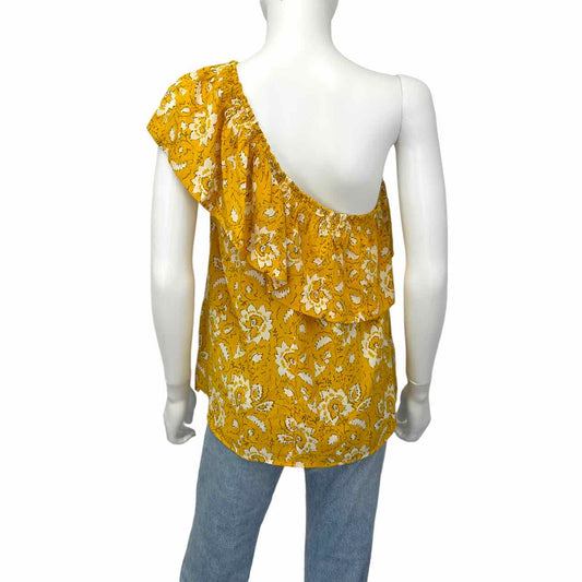 Madewell 100% Silk Yellow Floral Print One-Shoulder Top Size M