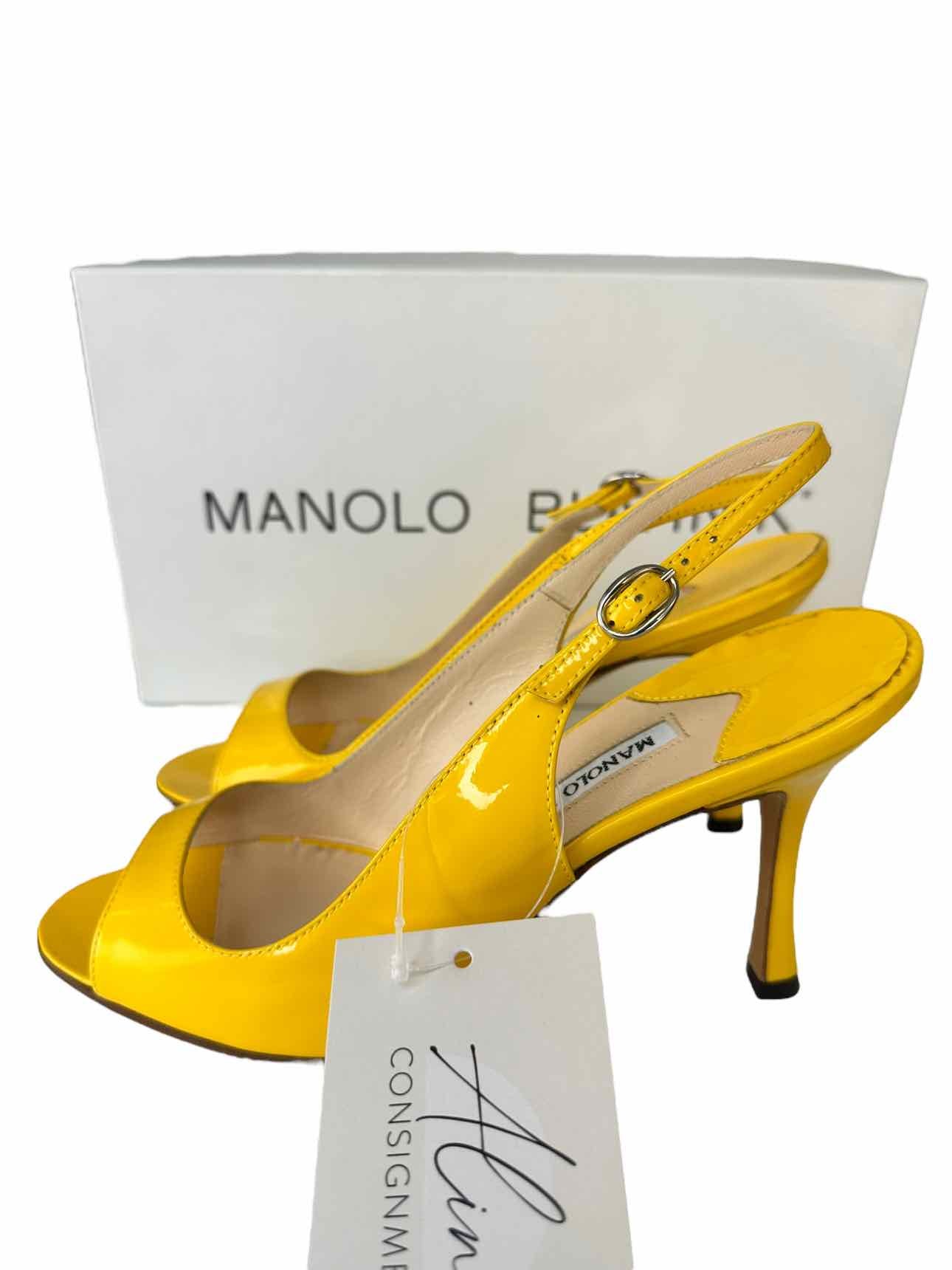 Manolo Blahnik Yellow THEYMESLI Slingback Peep Toe Pumps Size 36.5