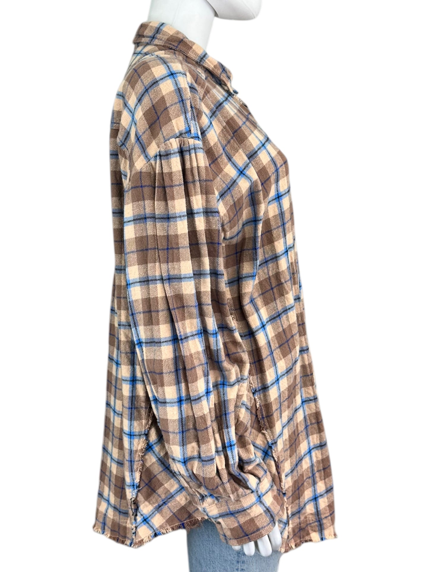 Free People Blue and Pink Flannel Button-down Size M