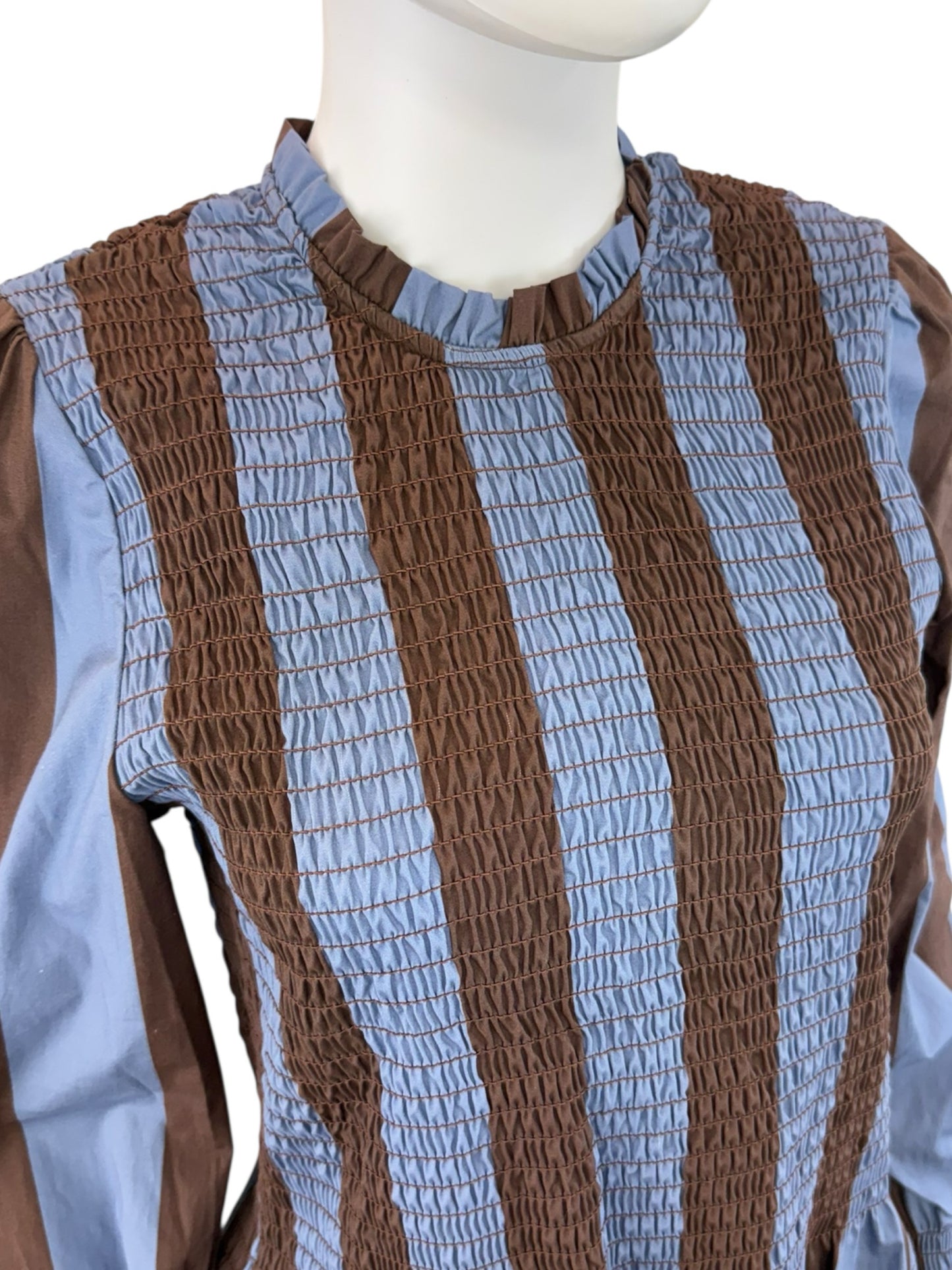 MIND TRAVELER NWT Brown Striped Smocked Chia Blouse Size L