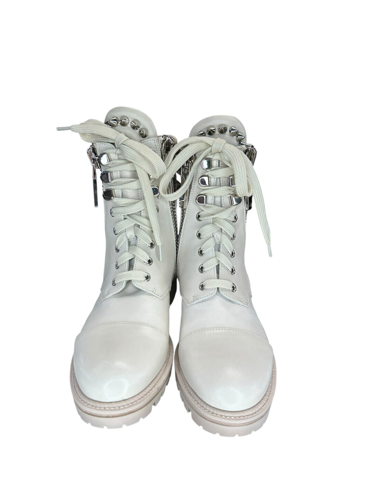 Christian Louboutin Cream Winter Spikes Flat Combat Boots Size 37.5