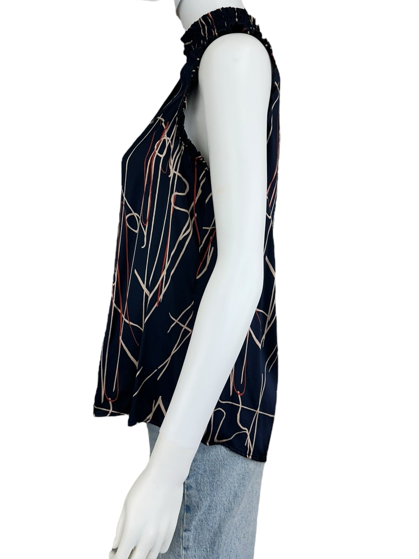 ecru Navy 100% Silk Print Blouse Size M