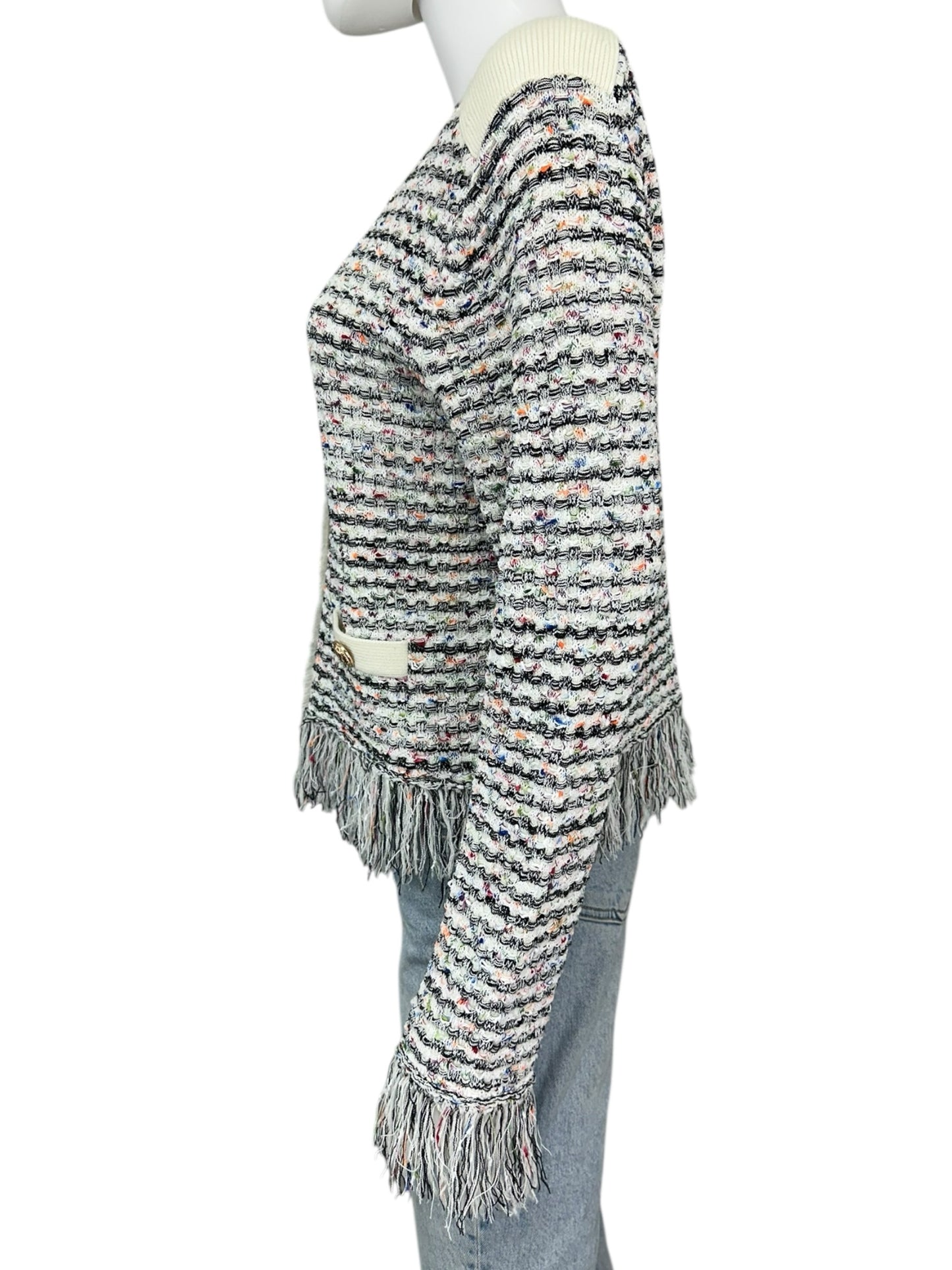 MILLY Tweed Fringe Trim Sweater Cardigan Jacket Size L