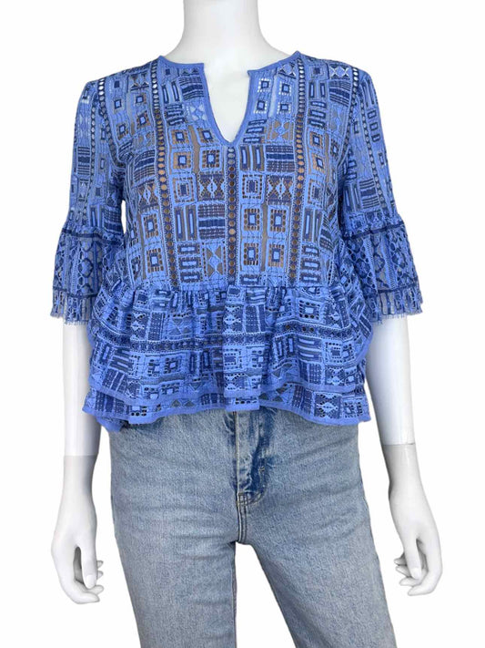 BCBGMAXAZRIA Blue Lace Peplum Blouse Size XXS