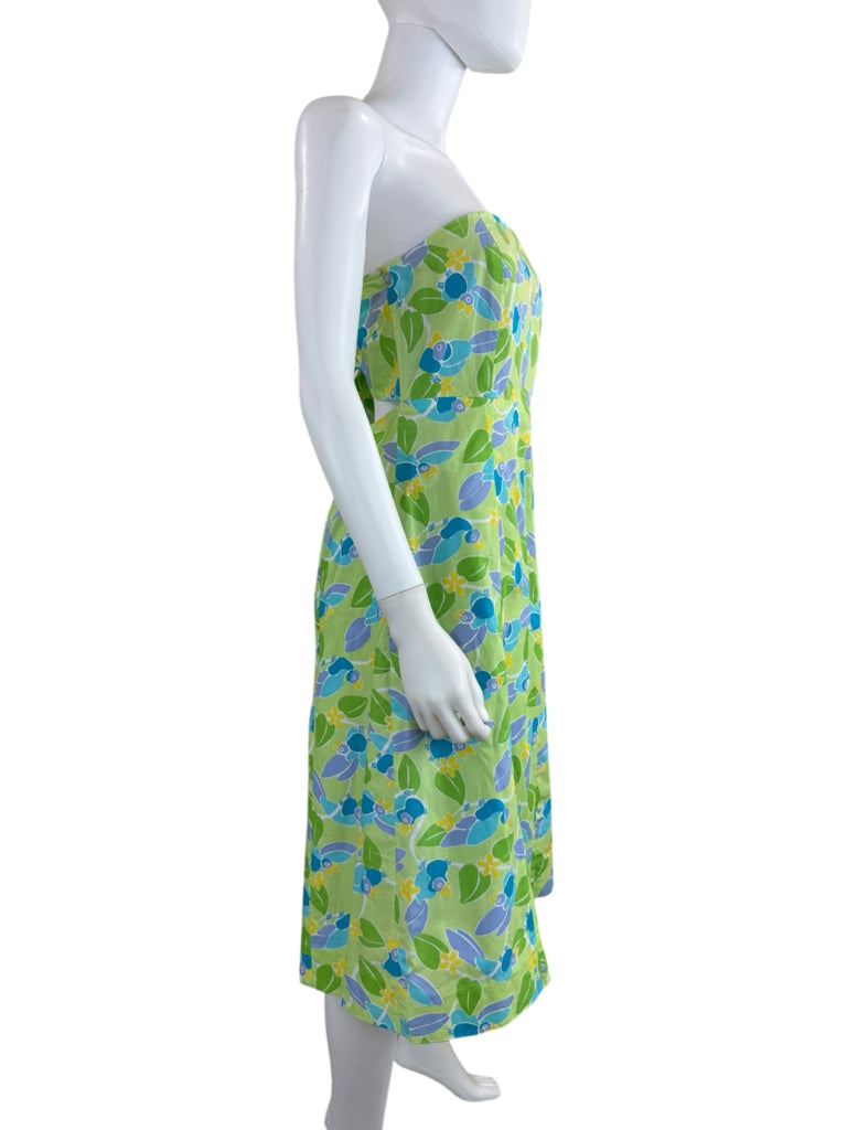 Lilly Pulitzer Vintage Green Toucan Bird Strapless Dress Size 10