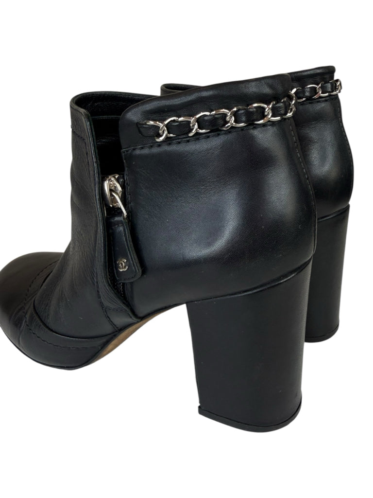 CHANEL Black Leather Ankle Boot Size 38.5