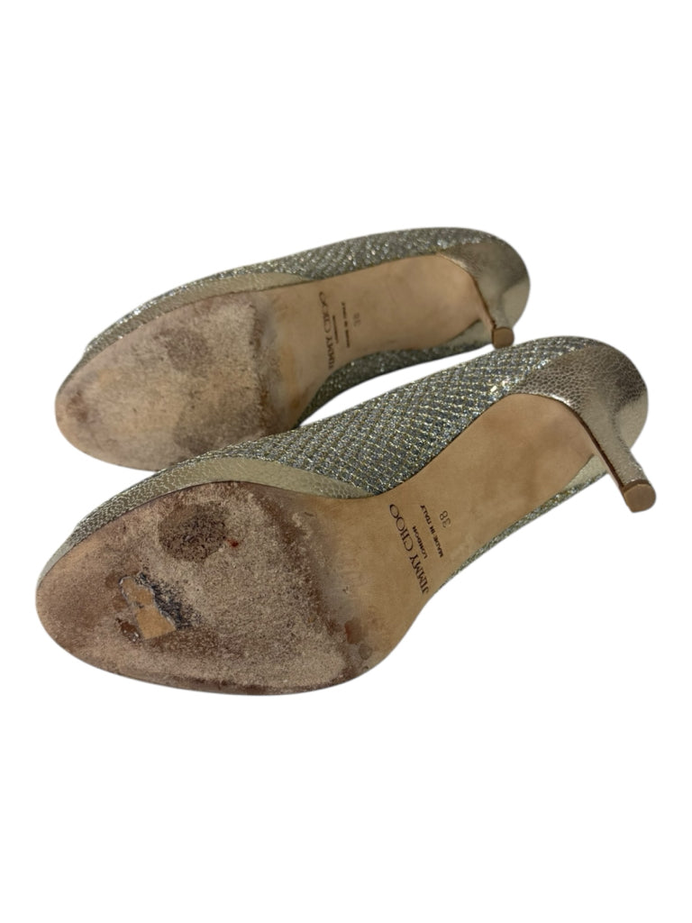 JIMMY CHOO Silver Luna 100 Champagne Glitter Platform Pumps Size 38